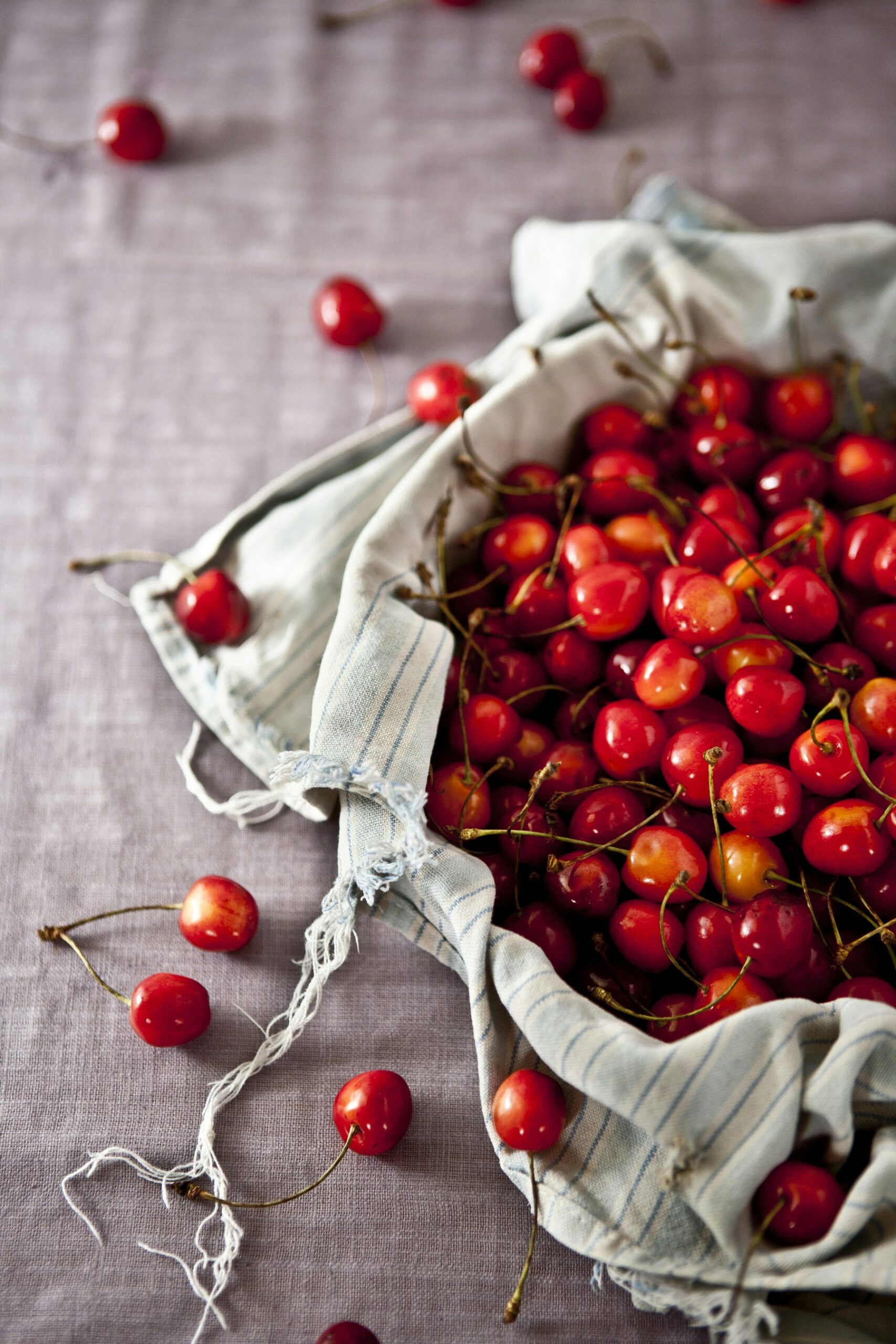 Cherries in grocery bag and on tablecloth