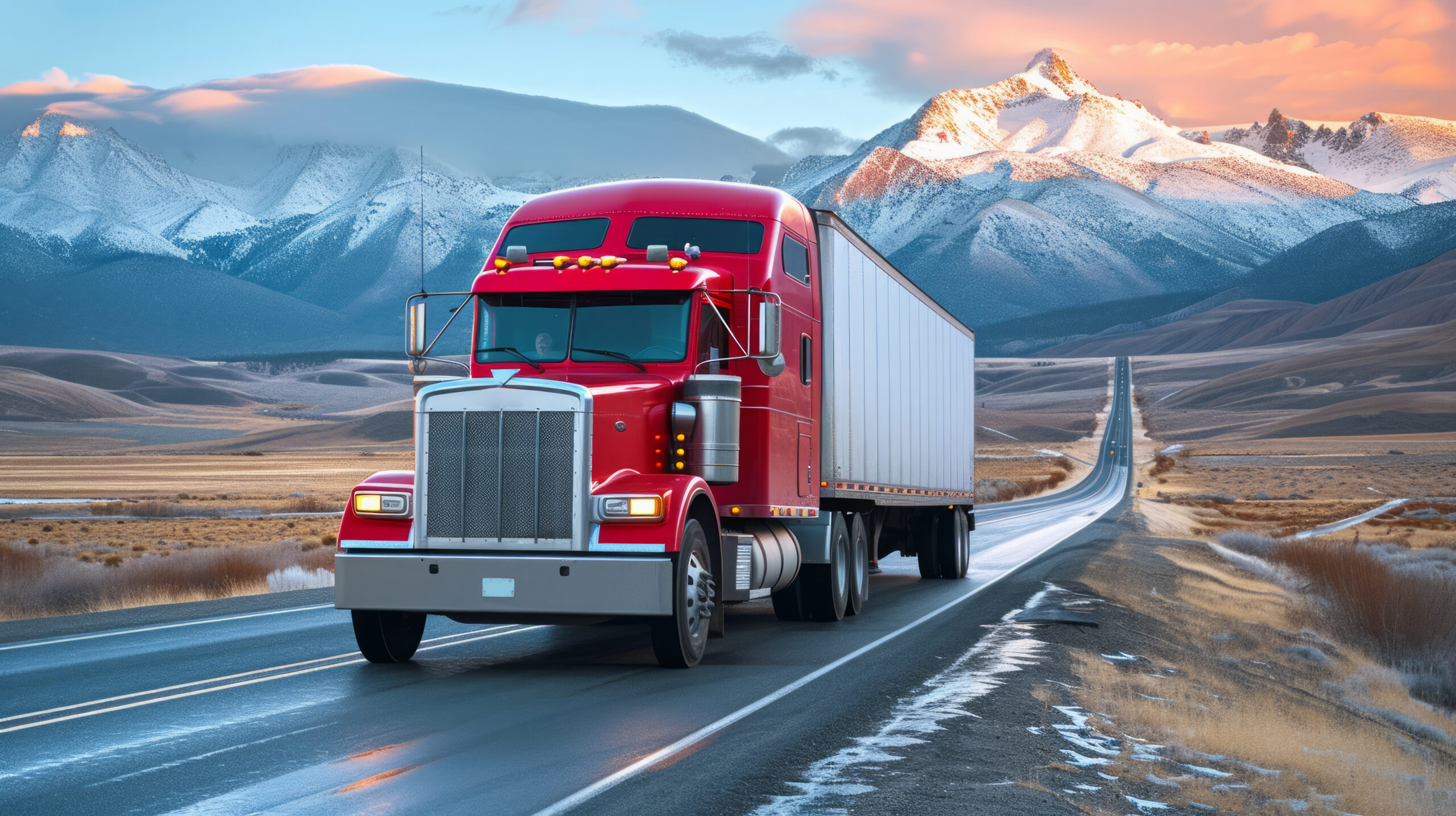 a large red truck drives along the road through mountains delievring food